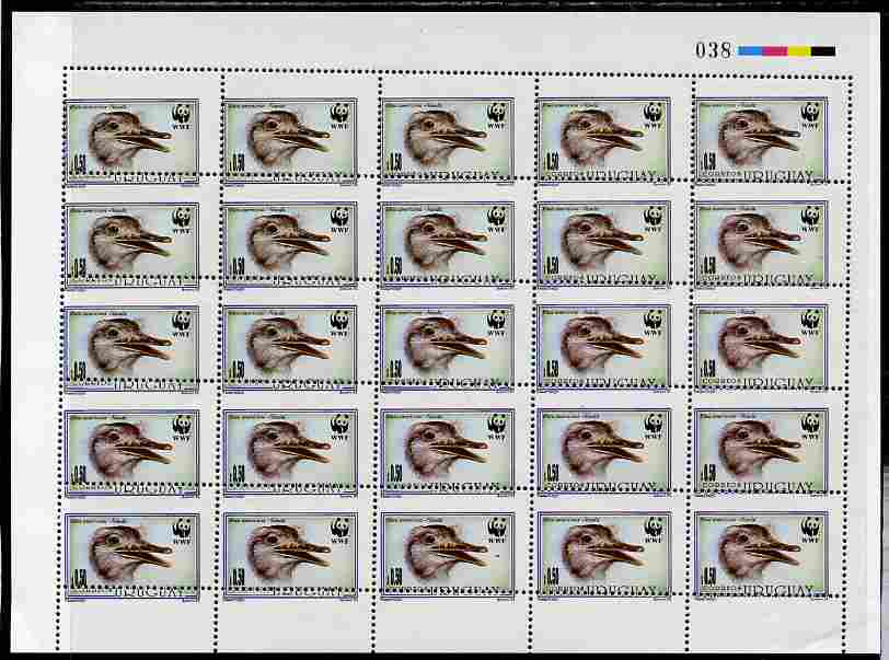 Uruguay 1993 WWF The Great Rhea 50c complete sheet of 25 with perforations misplaced obliquely, affect all stamps but is particularly significant on the top row which has no country name or printer's imprint,with spectacular error unmounted mint