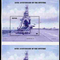 Nevis 1986 Spitfire (Seafire) on Aircraft Carrier $6 m/sheet with yellow omitted vertical pair from uncut press sheet with colour check bars at top (also showing yellow missing) unmounted mint (SG MS 376) only 20 such pairs can exist.