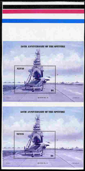 Nevis 1986 Spitfire (Seafire) on Aircraft Carrier $6 m/sheet with yellow omitted vertical pair from uncut press sheet with colour check bars at top (also showing yellow missing) unmounted mint (SG MS 376) only 20 such pairs can exist.