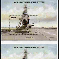 Nevis 1986 Spitfire (Seafire) on Aircraft Carrier $6 m/sheet vertical pair from uncut press sheet with colour check bars at top unmounted mint (SG MS 376) only 10 such pairs can exist.