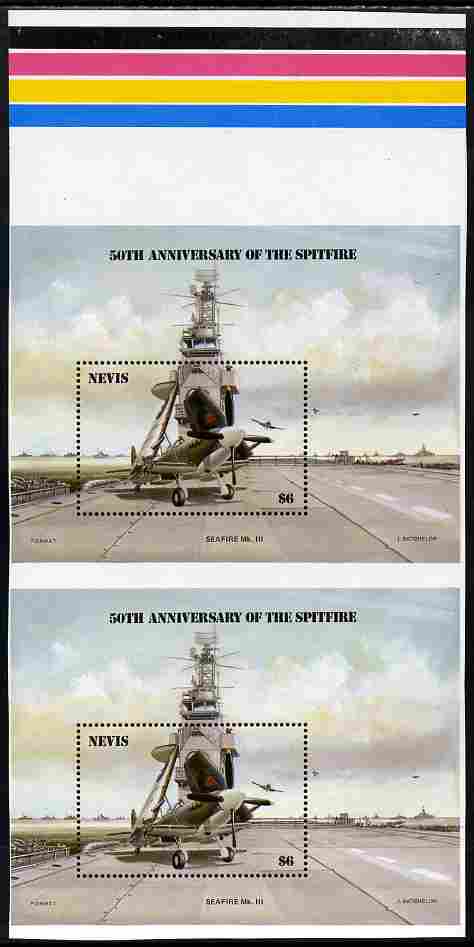 Nevis 1986 Spitfire (Seafire) on Aircraft Carrier $6 m/sheet vertical pair from uncut press sheet with colour check bars at top unmounted mint (SG MS 376) only 10 such pairs can exist.