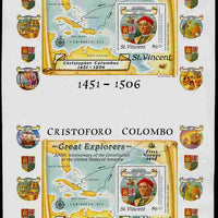 St Vincent 1988 Columbus m/sheet (Unissued $6) vertical pair from uncut press sheet being perforated on three sides only (imperf at bottom) unmounted mint and scarce (only 17 pairs exist).