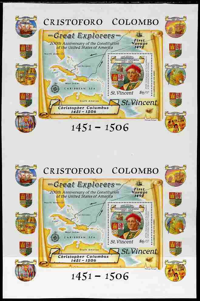 St Vincent 1988 Columbus m/sheet (Unissued $6) vertical pair from uncut press sheet being perforated on three sides only (imperf at bottom) unmounted mint and scarce (only 17 pairs exist).