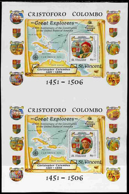 St Vincent 1988 Columbus m/sheet (Unissued $6) vertical pair from uncut press sheet being perforated on three sides only (imperf at bottom) unmounted mint and scarce (only 17 pairs exist).