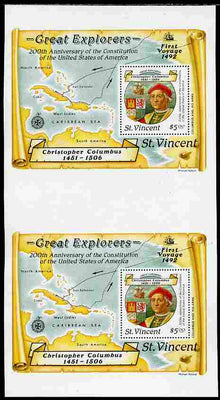 St Vincent 1988 Columbus $5 m/sheet vertical pair from uncut press sheet unmounted mint and scarce (only 45 pairs exist).