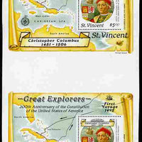 St Vincent 1988 Columbus $5 m/sheet vertical pair from uncut press sheet being perforated on three sides only (imperf at right) unmounted mint and scarce (only 26 pairs exist).