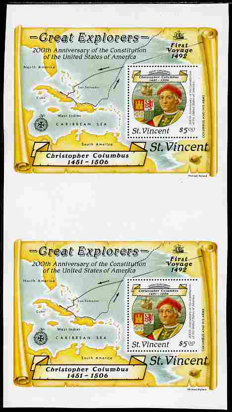 St Vincent 1988 Columbus $5 m/sheet vertical pair from uncut press sheet being perforated on three sides only (imperf at right) unmounted mint and scarce (only 26 pairs exist).