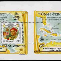 St Vincent 1988 Columbus $5 m/sheet horiz pair from uncut press sheet horizontal perfs extended at right unmounted mint and scarce (only 8 pairs exist).