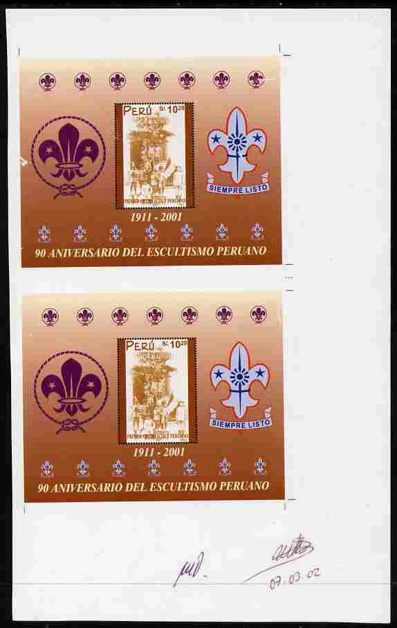 Peru 2001 90th Anniversary of Scouting proof sheet containing two imperf m/sheets (uncut) some surface marks but with approval signatures, unmounted mint