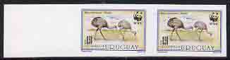 Uruguay 1993 WWF The Great Rhea 50c (Adults feeding) unmounted mint Imperf pair (only one sheet of 50 known) as SG 2142