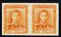 New Zealand 1947-52 KG6 2d orange IMPERF horiz pair on wmk'd gummed paper from single proof sheet, rare thus, as SG680