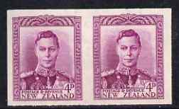 New Zealand 1947-52 KG6 4d bright purple IMPERF horiz pair on gummed wmk'd paper ex BW archives and extremely scarce thus, as SG681