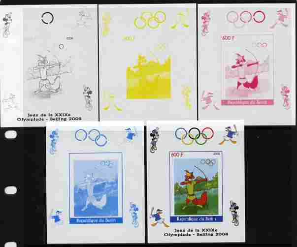 Benin 2008 Beijing Olympics - Disney Characters - Archery individual deluxe sheet - the set of 5 imperf progressive proofs comprising the 4 individual colours plus all 4-colour composite, unmounted mint