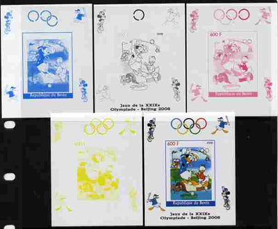 Benin 2008 Beijing Olympics - Disney Characters - Golf individual deluxe sheet - the set of 5 imperf progressive proofs comprising the 4 individual colours plus all 4-colour composite, unmounted mint