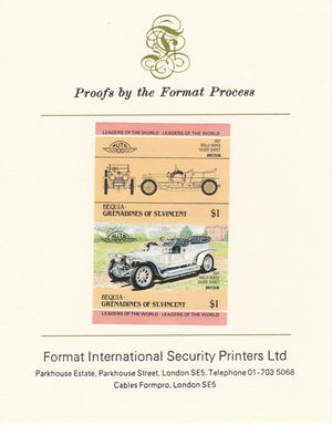 St Vincent - Bequia 1984 Cars #1 (Leaders of the World) $1 (1907 Rolls Royce) imperf se-tenant pair mounted on Format International proof card