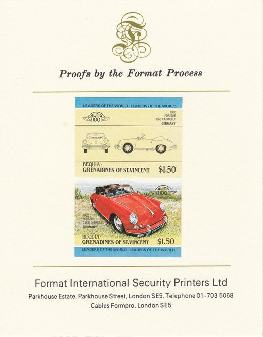 St Vincent - Bequia 1984 Cars #1 (Leaders of the World) $1.50 (1960 Porsche) imperf se-tenant pair mounted on Format International proof card