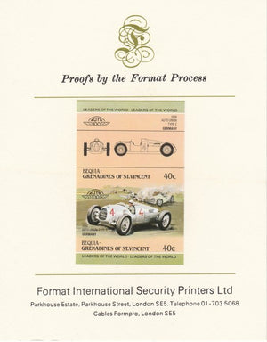 St Vincent - Bequia 1984 Cars #1 (Leaders of the World) 40c (1936 Auto Union) imperf se-tenant pair mounted on Format International proof card