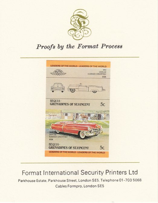 St Vincent - Bequia 1984 Cars #1 (Leaders of the World) 5c (1953 Cadillac) imperf se-tenant pair mounted on Format International proof card