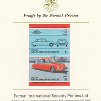 St Vincent - Bequia 1984 Cars #2 (Leaders of the World) $1 (1955 Citroen DS 19) imperf se-tenant pair mounted on Format International proof card