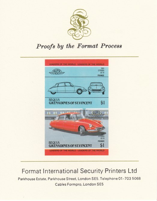 St Vincent - Bequia 1984 Cars #2 (Leaders of the World) $1 (1955 Citroen DS 19) imperf se-tenant pair mounted on Format International proof card