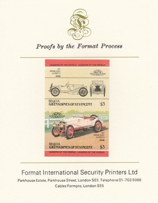 St Vincent - Bequia 1984 Cars #2 (Leaders of the World) $3 (1912 Hispano Suiza) imperf se-tenant pair mounted on Format International proof card