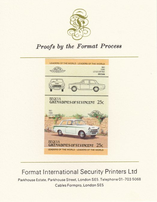 St Vincent - Bequia 1984 Cars #2 (Leaders of the World) 25c (1963 Ford Lotus Cortina) imperf se-tenant pair mounted on Format International proof card