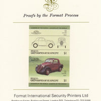 St Vincent - Bequia 1985 Cars #3 (Leaders of the World) $1 (1936 Fiat) imperf se-tenant pair mounted on Format International proof card