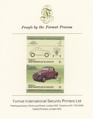 St Vincent - Bequia 1985 Cars #3 (Leaders of the World) $1 (1936 Fiat) imperf se-tenant pair mounted on Format International proof card