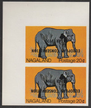 Nagaland 1970 European Conservation Year overprint INVERTED on corner pair of 20c Elephant, - one with 1790 error, unmounted mint