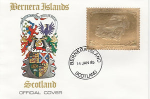 Bernera 1985 Classic Cars - 1936 Cord £12 value perforated & embossed in 22 carat gold foil on special cover with first day cancel