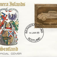 Bernera 1985 Classic Cars - 1938 Maybach Zeppelin V12 £12 value perforated & embossed in 22 carat gold foil on special cover with first day cancel