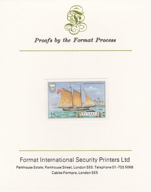 Tuvalu 1986 Ships #3 Schooner Messenger of Peace 15c iimperf proof mounted on Format International proof card, as SG 377