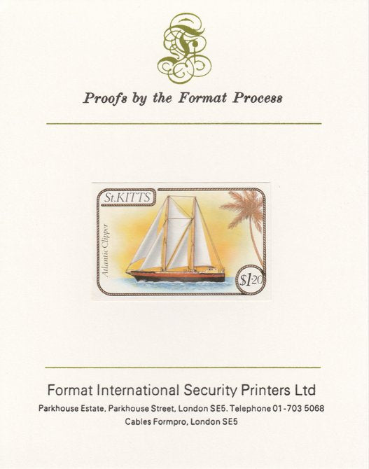 St Kitts 1985 Ships $1.20 (Atlantic Clipper Schooner) imperf proof mounted on Format International proof card, as SG 174