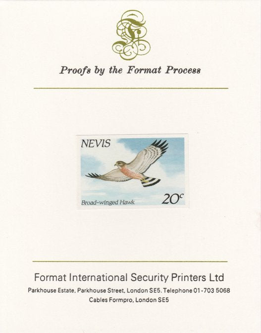 Nevis 1985 Hawks & Herons 20c (Broad Winged Hawk) imperf proof mounted on Format International proof card, as SG 265