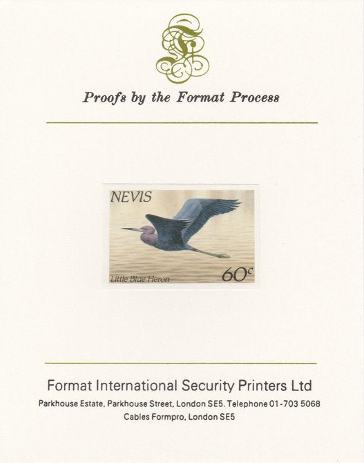 Nevis 1985 Hawks & Herons 60c (Little Blue Heron) imperf proof mounted on Format International proof card, as SG 267