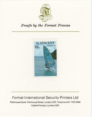 St Vincent 1988 Tourism 10c Windsurfing imperf mounted on Format International proof card, as SG 1133