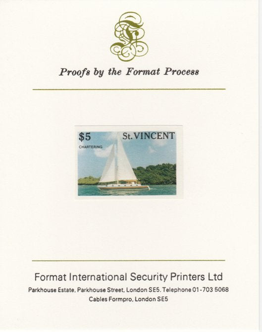 St Vincent 1988 Tourism $5 Cruising Yacht imperf mounted on Format International proof card, as SG 1136