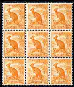 Australia 1948-56 Kangaroo 1/2d coil block of 9 SG 228c