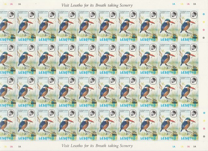 Lesotho 1986-88 Provisional surcharge 35s on 25s Malachite Kingfisher, the complete sheet of 40 with the scarce 1981 imprint date (SG720b) and containing 11 examples of the small ’s’ variety found in positions 1/5, 1/6, 1/8, 1/9, ……Details Below