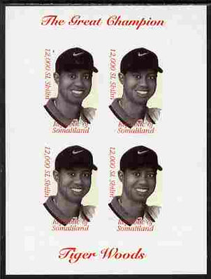 Somaliland 2000 Tiger Woods (The Great Champion) imperf sheetlet containing 4 x 12,000sl values unmounted mint. Note this item is privately produced and is offered purely on its thematic appeal