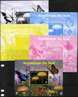 Mali 2010 Fungi #3 s/sheet with Butterflies & Scouts Logo - the set of 5 imperf progressive proofs comprising the 4 individual colours plus all 4-colour composite, unmounted mint