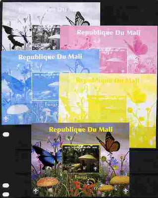 Mali 2010 Fungi #6 s/sheet with Butterflies & Scouts Logo - the set of 5 progressive proofs comprising the 4 individual colours (imperf) plus all 4-colour composite (perf) unmounted mint