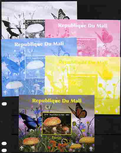 Mali 2010 Fungi #7 s/sheet with Butterflies & Scouts Logo - the set of 5 imperf progressive proofs comprising the 4 individual colours plus all 4-colour composite, unmounted mint