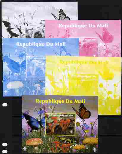 Mali 2010 Fungi #8 s/sheet with Butterflies & Scouts Logo - the set of 5 imperf progressive proofs comprising the 4 individual colours plus all 4-colour composite, unmounted mint