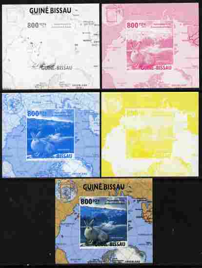 Guinea - Bissau 2010 Global Warming #1 - Rabbit individual deluxe sheet - the set of 5 imperf progressive proofs comprising the 4 individual colours plus all 4-colour composite, unmounted mint