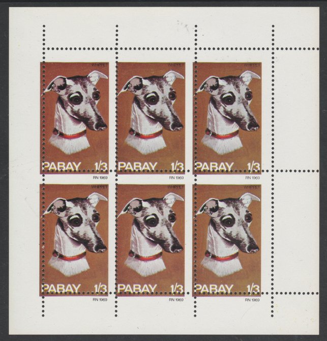 Pabay 1969 Dogs 1s3d (Whippet) complete perf sheetlet of 6 with perforations misplaced both horizontally and vertically, unmounted mint