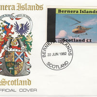 Bernera 1982 Helicopters #2 imperf souvenir sheet (£1 value) on special cover with first day cancel