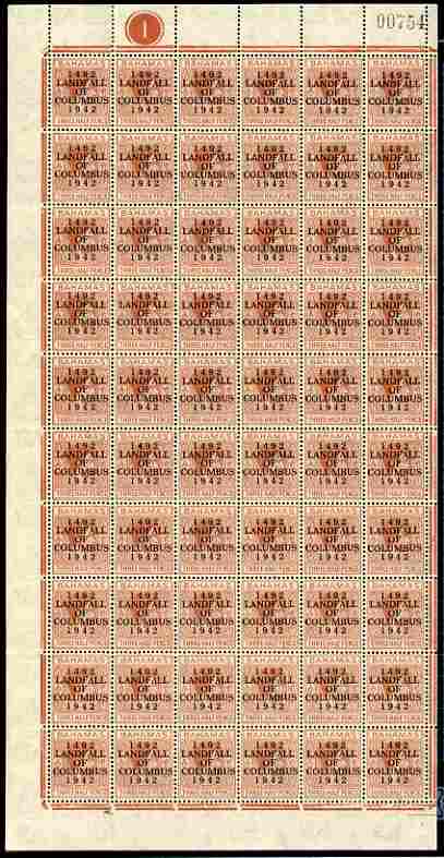 Bahamas 1942 KG6 Landfall of Columbus 1.5d red-brown complete left pane of 60 including plate varieties R7/2 (Broken H), R10/1 (Curved E), R10/6 (Damaged H & C) plus overprint varieties incl R10/2 (Flaw in O) etc, a few split perf……Details Below