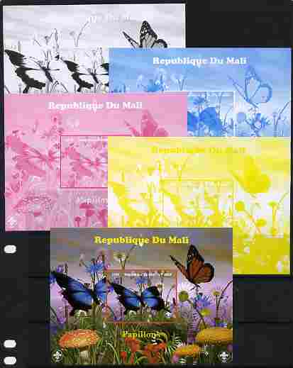 Mali 2010 Butterfles #3 s/sheet with Fungi & Scouts Logo,- the set of 5 imperf progressive proofs comprising the 4 individual colours plus all 4-colour composite, unmounted mint