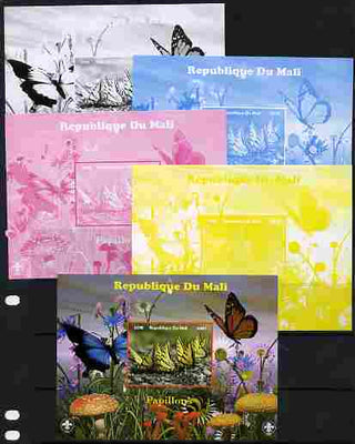 Mali 2010 Butterfles #5 s/sheet with Fungi & Scouts Logo,- the set of 5 imperf progressive proofs comprising the 4 individual colours plus all 4-colour composite, unmounted mint